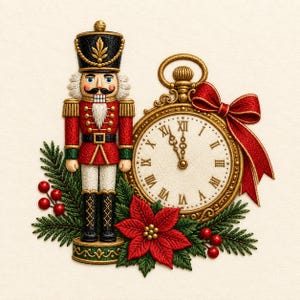 May include: An embroidered nutcracker figure in a red and black uniform standing next to a gold pocket watch with Roman numerals. The scene is decorated with green pine needles, red berries, a red poinsettia flower, and a red ribbon bow.