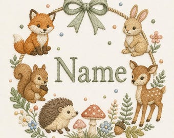 May include: An embroidery design featuring a central green text reading Name, surrounded by a circular wreath of rope, a sage green bow, a fox, a rabbit, a squirrel, a deer, a hedgehog, mushrooms, flowers, and acorns on a white background.
