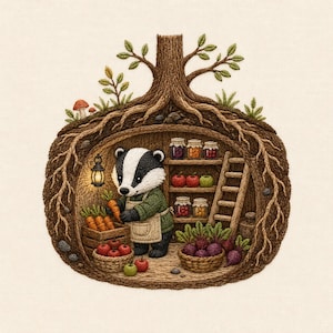 May include: An embroidery art piece depicting a badger wearing a green sweater and apron inside a tree burrow. The badger holds a carrot near a crate of carrots, baskets of apples and beets, shelves with glass jars, a ladder, and a lantern.