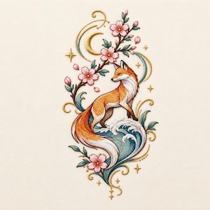 May include: An intricate embroidery design featuring a vibrant orange and white fox standing atop stylized blue ocean waves. The fox is surrounded by delicate pink cherry blossoms, golden crescent moon accents, and small four-pointed stars.
