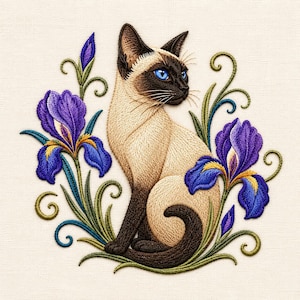 May include: An intricate embroidery design featuring a Siamese cat with bright blue eyes, seated centrally. The cat is flanked by two vibrant purple iris flowers with yellow centres, surrounded by swirling green stems and decorative foliage.