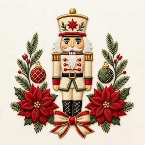 Puede incluir: Un bordado de un cascanueces con uniforme color crema, rojo y verde, flanqueado por dos flores de pascua, ramas de pino verdes y dos adornos redondos. Un gran lazo a rayas color crema y rojo se sitúa en la base de la figura.