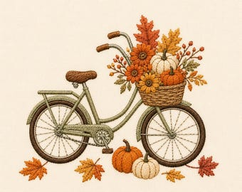 Autumn Bicycle Embroidery Design, Vintage Bike with Pumpkins & Fall Flowers Embroidery File, Harvest Machine Embroidery Pattern