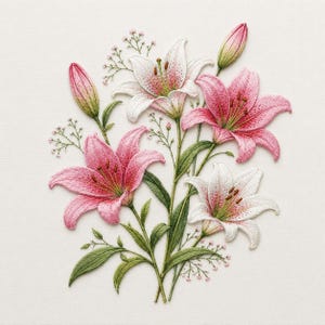 Op de afbeelding: Geborduurd boeket van roze en witte lelies, met groene bladeren en stelen. De bloemen staan in volle bloei, met gedetailleerde steken die een realistisch bloemendesign creëren. De achtergrond is effen gebroken wit.
