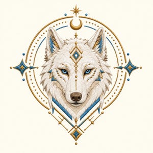Celestial White Wolf Embroidery Design, Blue Gold Moon Stars and Mystical Geometric Frame, Fantasy Animal Machine Embroidery