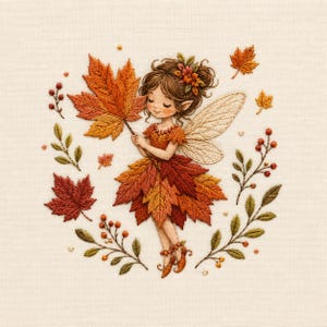 May include: An embroidery design featuring a fairy with brown hair adorned with orange flowers, wearing a dress made of layered autumn leaves. The fairy has light-colored wings and holds a large maple leaf, surrounded by scattered leaves and berries.