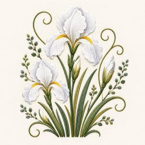 Broderidesign med vit irisblomma, elegant botanisk irisbukett med gröna blad och virvlar, maskinbroderi