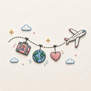 May include: An embroidered patch design featuring a white airplane, a pink suitcase, a blue and green globe, and a pink heart, all connected by a black dashed flight path. The scene includes small white clouds, yellow stars, and pink dots.