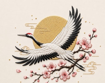 Japanese Crane Embroidery Design, Sakura Crane Machine Embroidery File, Flying Crane Embroidery Pattern, Cherry Blossom Japanese Art Design