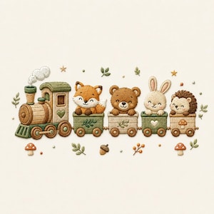 May include: An embroidered illustration of a train with a steam engine and four cargo cars. The cars carry a fox, a bear, a rabbit, and a hedgehog. The design features soft earth tones, small leaves, stars, mushrooms, and an acorn scattered around.