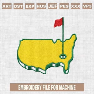 Può includere: Un disegno ricamato raffigurante gli Stati Uniti in giallo con un bordo verde e una bandiera rossa. Il testo "EMBROIDERY FILE FOR MACHINE" è visualizzato sotto. L'immagine include anche abbreviazioni dei tipi di file.