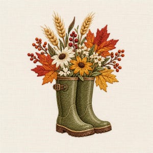 Könnte beinhalten: Ein Stickmotiv mit einem Paar olivgrüner Gummistiefel, gefüllt mit einem herbstlichen Arrangement aus Weizenähren, roten Beeren, weißen und gelben Margeriten sowie leuchtend orangefarbenen und roten Ahornblättern auf cremefarbenem Stoff.