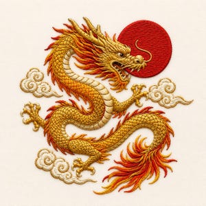 May include: An intricate embroidery design featuring a golden dragon with orange and red accents, coiled in a dynamic pose. The dragon is positioned near a solid red circular sun and surrounded by several stylized white clouds on a cream fabric.