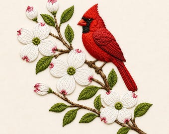 Cardinal Bird Embroidery Design, Red Cardinal on Dogwood Flowers, Spring Bird Embroidery File, Nature Machine Embroidery Pattern