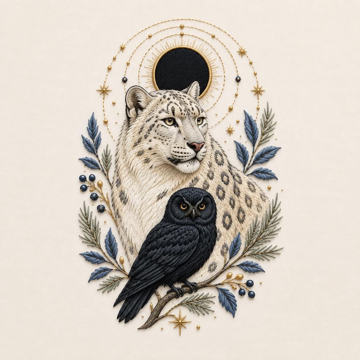 Snow Leopard and Owl Embroidery Design, Celestial Wildlife Machine Embroidery File, Mystic Nature Ar