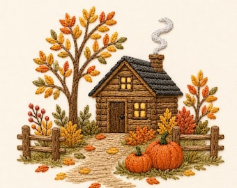 Autumn Cottage Embroidery Design, Cozy Fall Cabin Embroidery File, Pumpkin House Machine Embroidery Pattern, Rustic Home Decor