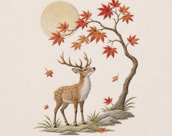 May include: An embroidery design featuring a brown deer with antlers standing on a small hill beneath a tree with red and orange maple leaves. A large, circular, textured beige moon is positioned in the upper left corner of the composition.