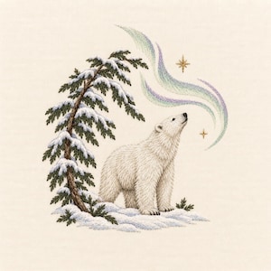 May include: An embroidery design featuring a white polar bear standing on snow beneath a snow-covered evergreen tree. Above the bear, stylised green and purple aurora borealis waves flow across the fabric, accented by two small gold embroidered stars.