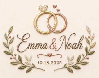 May include: An embroidery design featuring two interlocking rings in gold and rose gold, with the names Emma & Noah in brown script, a small heart, and the date 10.18.2025, all framed by two symmetrical olive branches with green and beige leaves.