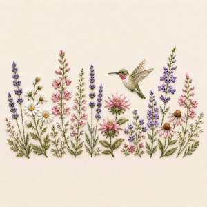 Puede incluir: Una pieza de bordado que muestra un colibrí de plumaje verde y rojo sobrevolando diversas flores silvestres, incluyendo lavanda morada, dedaleras rosas, margaritas blancas y equináceas con tallos y hojas verdes sobre un fondo de color crema.