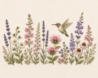 Hummingbird Wildflower Embroidery Design, Floral Border Embroidery File, Lavender Daisy Garden Machine Embroidery Pattern