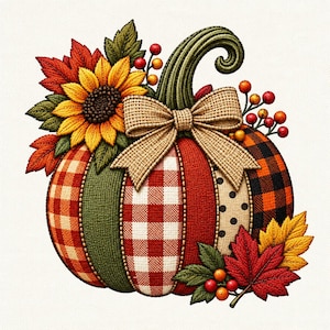 May include: A decorative pumpkin featuring vertical panels of red and white gingham, solid green, solid red, beige with black polka dots, and orange and black buffalo plaid. It is adorned with a beige burlap bow, a sunflower, and autumn leaves.