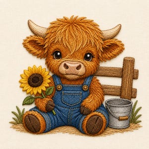 May include: An embroidered design of a fluffy brown Highland cow wearing blue denim overalls. The cow holds a yellow sunflower in one hand, sits next to a small wooden fence, and has a grey metal bucket placed on the ground beside it.