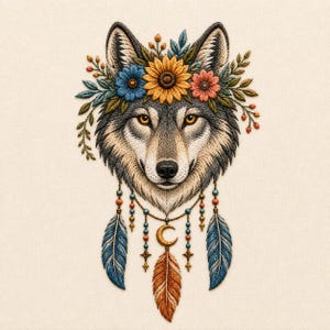 Boho Wolf Embroidery Design, Floral Wolf Head with Dreamcatcher Feathers, Woodland Machine Embroidery File
