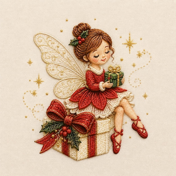 Christmas Fairy Gift Embroidery Design, Holiday Present Machine Embroidery File, Winter Stitch Pattern