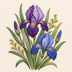 Può includere: Un ricamo raffigurante due fiori di iris nelle tonalità del viola intenso e del blu, accentuati da centri gialli. La composizione include foglie verdi, due boccioli di iris chiusi e piccoli rametti floreali gialli su uno sfondo color crema.
