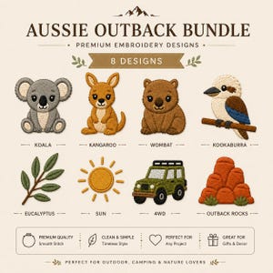 Pode incluir: Uma coleção digital intitulada AUSSIE OUTBACK BUNDLE PREMIUM EMBROIDERY DESIGNS apresentando 8 desenhos bordados: um coala cinza, um canguru marrom, um vombate marrom, um kookaburra num galho, folhas de eucalipto, um sol, um 4x4 e rochas vermelhas.