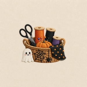 Halloween Sewing Basket Embroidery Design, Ghost Pumpkin Thread Spooky Craft Machine Embroidery File