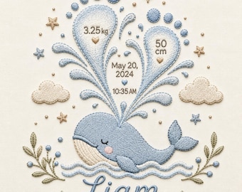 May include: An embroidered birth announcement featuring a blue whale spouting water shaped like baby footprints. The design includes the text Liam, May 20, 2024, 10:35 AM, 3.25 kg, and 50 cm, surrounded by embroidered clouds, stars, and leafy branches on fabric.