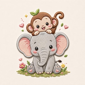 Puede incluir: Un parche bordado que muestra un mono marrón sentado sobre la cabeza de un elefante gris. El diseño incluye corazones rosas, pequeñas hojas verdes, una estrella amarilla y flores coloridas sobre un trozo de hierba verde, todo en bordado.