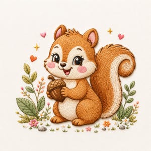 May include: An embroidered patch featuring a brown squirrel with a cream-coloured belly holding a brown acorn. The squirrel is surrounded by green leaves, small colourful flowers, and tiny pink hearts and yellow stars on a plain white background.