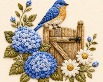 Bluebird Hydrangea Embroidery Design, Bird Floral Embroidery File, Cottage Garden Machine Embroidery Pattern, Spring Decor