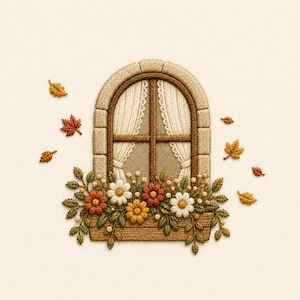 May include: An embroidered arched window with cream-colored curtains, framed by a brown border. A window box filled with white, orange, and yellow flowers and green leaves sits below. Several orange and yellow autumn leaves float around the window.