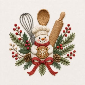 Puede incluir: Un diseño bordado que presenta un muñeco de nieve central con gorro de chef y bufanda, sosteniendo una galleta de copo de nieve. Detrás hay un batidor, una cuchara de madera y un rodillo, rodeados de hojas de acebo, pino y bayas rojas.