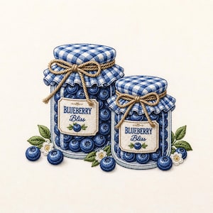 May include: Two jars filled with blueberries, labeled "Blueberry Bliss", are depicted in a detailed illustration. The jars have blue and white checkered lids tied with twine bows. Blueberries, leaves, and small white flowers surround the jars, creating a charming, rustic aesthetic.