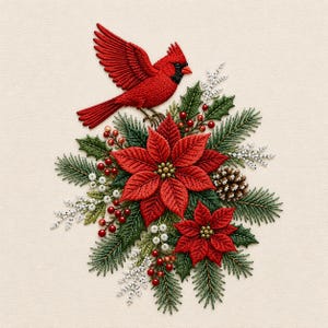 Op de afbeelding: Een gedetailleerd borduurontwerp met een levendige rode kardinaalvogel in vlucht boven een feestelijk arrangement van twee rode kerststerren, groene hulstbladeren, dennennaalden, kleine witte bessen, rode bessen en een bruine dennenappel.