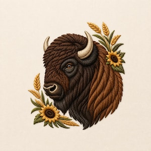 May include: An embroidered patch featuring a detailed brown bison head in profile, accented with light-colored horns. The bison is framed by golden yellow sunflowers and stalks of wheat with green leaves, all rendered in intricate thread work.