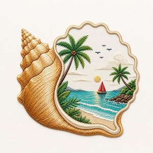 May include: Embroidered seashell design featuring a tropical beach scene. The scene includes palm trees, a red sailboat, and a setting sun. The seashell is a light brown color, and the beach scene is framed within the shell.