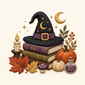 May include: An embroidered patch featuring a black pointed hat with a gold crescent moon and stars, stacked on three books. Includes a lit candle, orange and white pumpkins, a purple mushroom, autumn leaves, a potion bottle, and a gold moon.