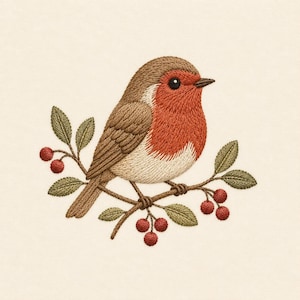 Op de afbeelding: Een borduurontwerp met een roodborstje met bruine vleugels, een fel oranje-rode borst en een crèmekleurige buik. De vogel zit op een dunne bruine tak versierd met kleine groene blaadjes en trossen van kleine rode bessen.
