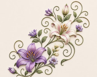 Purple Lily Embroidery Design, Elegant Floral Swirl Machine Embroidery File, Vintage Lily Flower Pattern