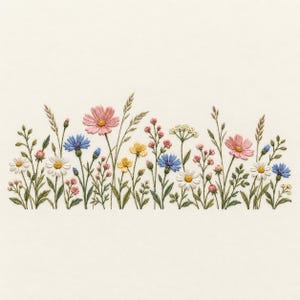 Könnte beinhalten: Ein Stickdesign mit einer horizontalen Anordnung von Wildblumen, darunter rosa Kosmeen, weiße Gänseblümchen, blaue Kornblumen und gelbe Hahnenfußblüten mit grünen Stängeln und Blättern auf einem cremeweißen Stoffhintergrund.