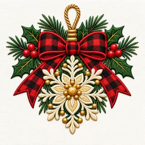 May include: An embroidered ornament featuring a central cream-colored snowflake design with gold accents, topped with a red and black buffalo plaid bow, green holly leaves, red berries, and a gold rope loop for hanging on a white background.