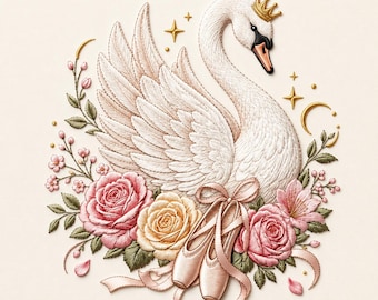 Princess Swan Ballet Embroidery Design, Crown Swan Embroidery File, Ballet Shoes Floral Embroidery Pattern, Elegant Bird Machine Embroidery