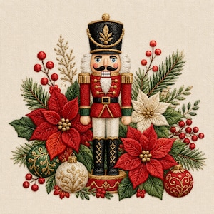 May include: An embroidered nutcracker figure in a red, black, and white uniform, surrounded by red and white poinsettias, green pine branches, red berries, and decorative ornaments in red, green, and white on a textured cream fabric background.