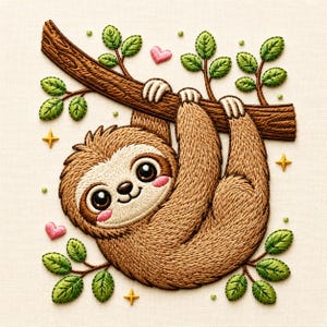 Puede incluir: Un diseño de bordado que muestra un perezoso marrón colgado de una rama de árbol marrón texturizada. El perezoso tiene ojos oscuros grandes y mejillas rosadas. Rodeando al perezoso hay hojas verdes, dos corazones rosas y estrellas amarillas.